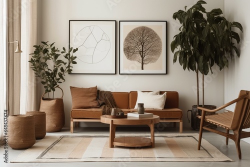 Contemporary living room with a wooden frame, dried plant, and home decor. Generative AI