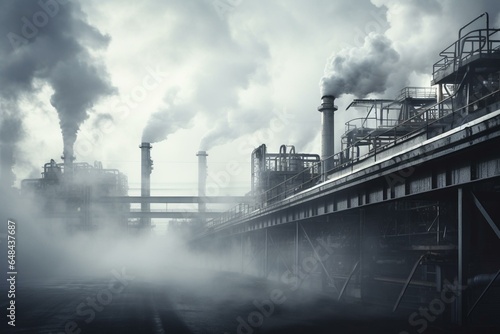 Abstract background: gray smoke-filled factory pipes emitting CO2 pollution. Generative AI © Isabella