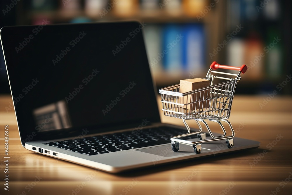 An online shopping concept comes to life as a miniature shopping cart stands before a laptop, symbolizing the convenience of e-commerce.
