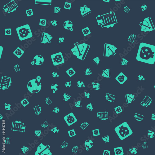 Set Archeology, Mining dump truck, Location on the globe and on seamless pattern. Vector
