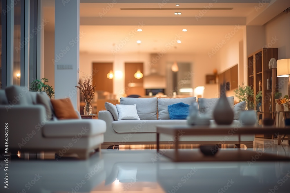 Fototapeta premium Blurred modern living room interior with stylish sofa and wooden lamp for captivating backgrounds. Generative AI