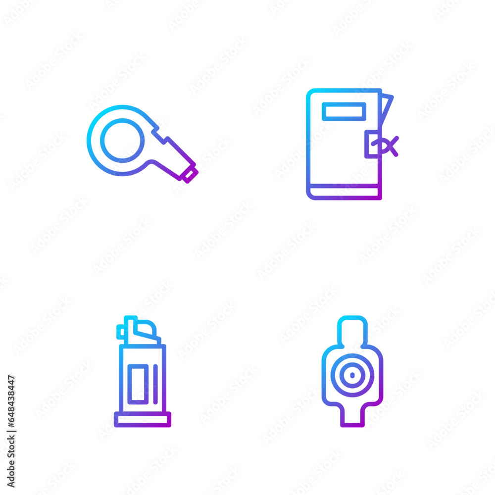 Set line Human target sport for shooting, Pepper spray, Whistle and Police station folder. Gradient color icons. Vector Set line Human target sport for shooting, Pepper spray, Whistle and Police station folder. Gradient color icons. Vector