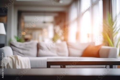 Blurred modern living room interior with stylish sofa and wooden lamp for captivating backgrounds. Generative AI