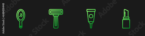 Set line Cream or lotion cosmetic tube, Hand mirror, Shaving razor and Lipstick. Gradient color icons. Vector