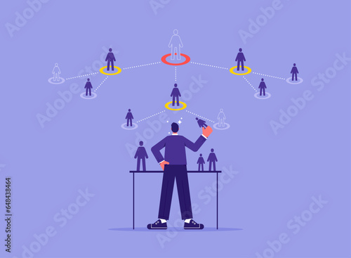 Team building or organizational chart, boss arranges resumes of employees in hierarchy of company,  distribution of positions and responsibilities, leader develops strategy