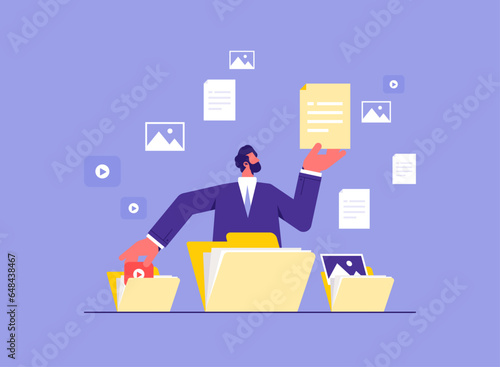 Male worker add files to big folder, storage and indexing of information, file management, concept of work with documents in business company