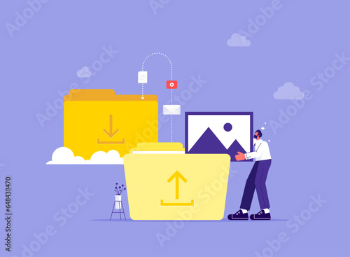 File transfer, businessman with folders, transferred documents to server, copy files, data exchange, backup, saving document in storage, digital data migration between devices 