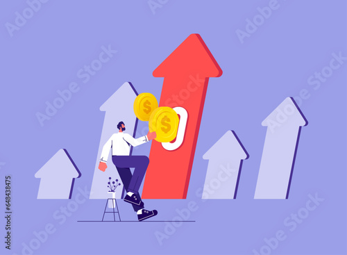 Investment profit growth, increase earning or income, businessman investor push money in big rising profit growth graph, flat vector concept of financial investment