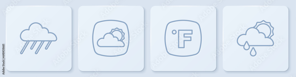 Set line Cloud with rain, Fahrenheit, Weather forecast and and sun. White square button. Vector Set line Cloud with rain, Fahrenheit, Weather forecast and and sun. White square button. Vector