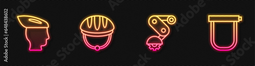 Set line Derailleur bicycle rear, Bicycle helmet, and lock. Glowing neon icon. Vector