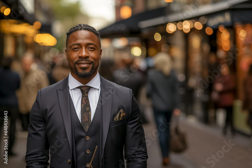 portrait of a handsome smiling young black african american businessman boss in a black suit walking on a city street to his company office. blurry crowdy street background. Generative AI