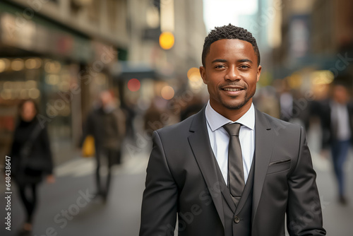 portrait of a handsome smiling young black african american businessman boss in a black suit walking on a city street to his company office. blurry crowdy street background. Generative AI