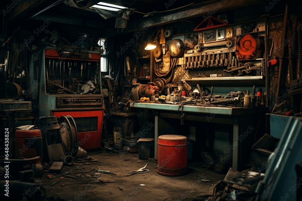A disorganized compartment in the toolbox of an automotive repair facility. Generative AI