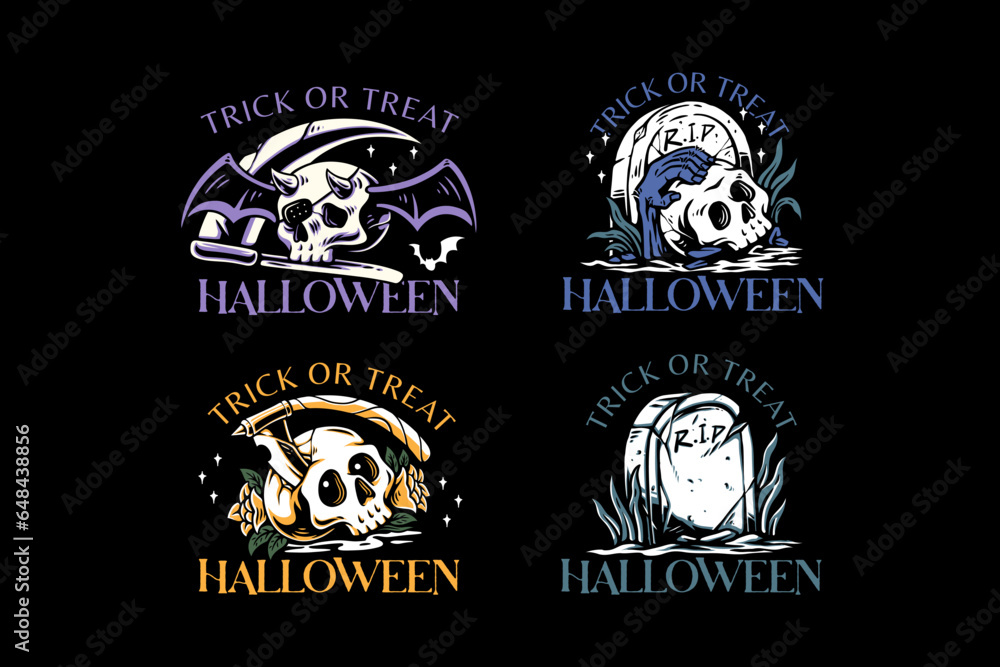 Fototapeta premium skull and gravestone colorful illustration badge logo for halloween celebration