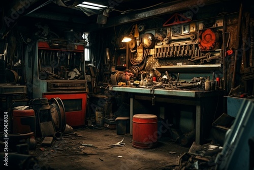 A disorganized compartment in the toolbox of an automotive repair facility. Generative AI