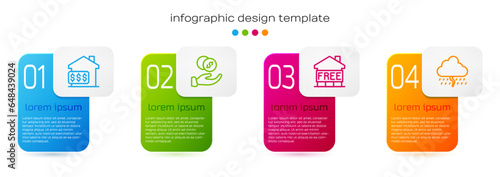 Set line House with dollar, Donation hand money, Shelter for homeless and Cloud rain. Business infographic template. Vector