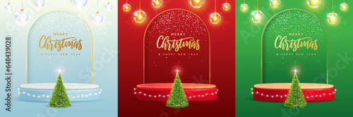 Set of holiday Christmas showcase backgrounds with 3d podium, Christmas tree and string of lights. Vector illustration