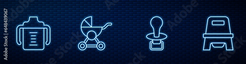 Set line Baby dummy pacifier, bottle, stroller and potty. Glowing neon icon on brick wall. Vector