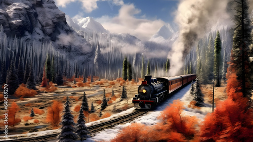 機関車と山と冬景色のイラスト素材