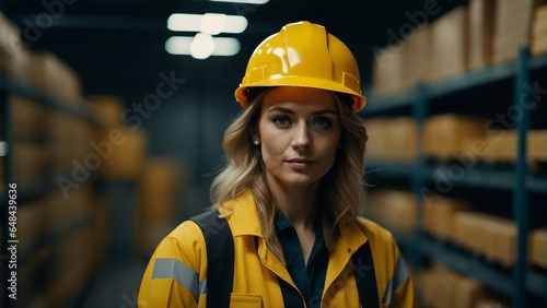 A portrait of a cheerful female supervisor at a warehouse for the delivery and transportation of industrial goods, wearing a yellow helmet and a yellow vest, standing in the aisle. © Павло Кухар