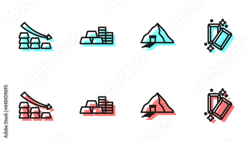 Set line Gold mine, Falling arrow with gold bars, coin and icon. Vector