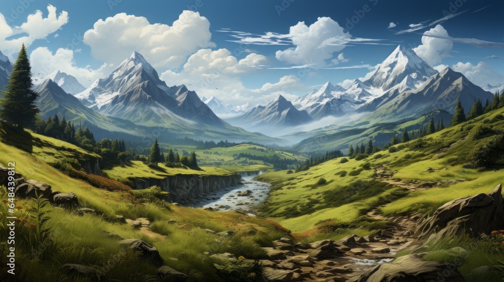Captivating Alpine Scenery: Majestic Peaks, Lush Valleys, & Unending Skies Deliver a Breathtaking Panorama amidst Nature's Splendor, generative AI