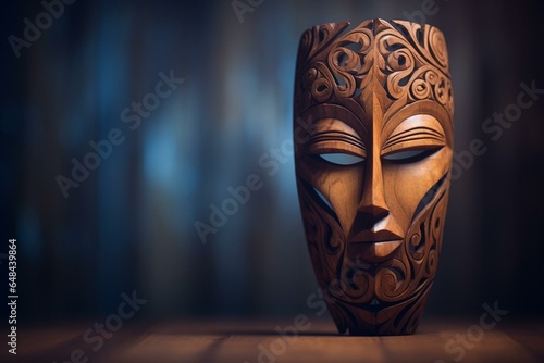 beautiful wooden mask art with soft light and blurred background, an ideal wallpaper idea. Generative AI