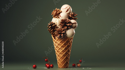 Xmas waffle cone ice cream with Christmas ball decor
