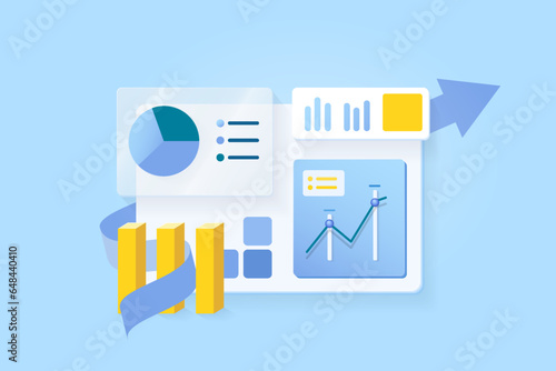 Data analytics, strategy and planning report on the desktop screen with arrow and blue background. Business growth is up.