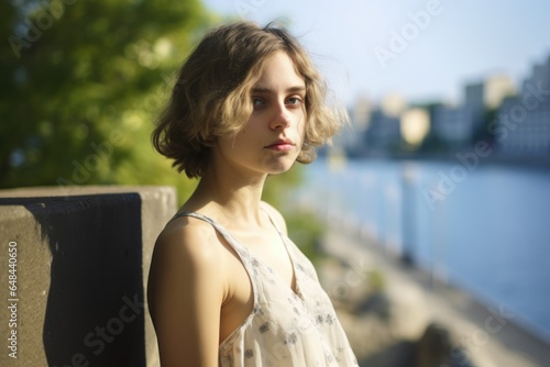 Outdoors Portrait of a Fictional Young Elegant Brunette Woman Model with Mid-Short Hair. Generative AI.