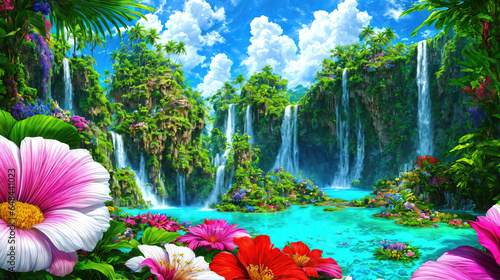 Paradise landscape with beautiful gardens, waterfalls and flowers, magical idyllic background with many flowers in eden.