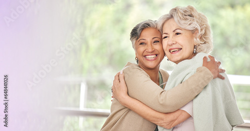 Smile, hug and old woman friends on space together for a visit during retirement in a senior home. Love, funny and happy elderly people embracing for support, unity or solidarity while bonding