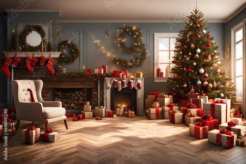 3d rendering Beautiful Christmas gift boxes on floor .
