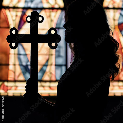 Woman in silhouette passing a church stained glass window and carrying a Christian cross