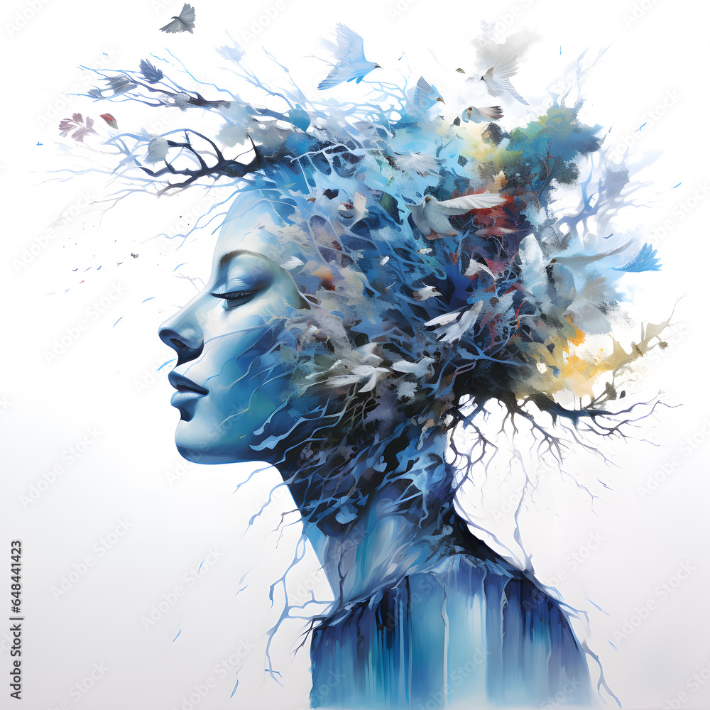 Fototapeta premium Young woman portrait with birds flying over head