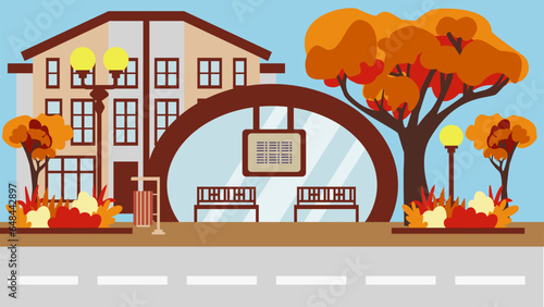 Autumn street with a bus stop and a modern duplex house, a transport stop in a cottage section, an urban landscape, an illustration in a flat style.