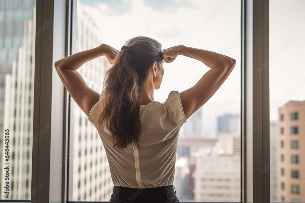 Rearview shot of an unrecognizable businesswoman standing and flexing her biceps while looking out of her high-rise office