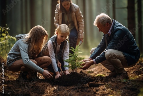 A diverse family comes together to plant a tree in a serene forest, a meaningful act symbolizing life, love, and legacy while honoring a loved one's memory.
 photo