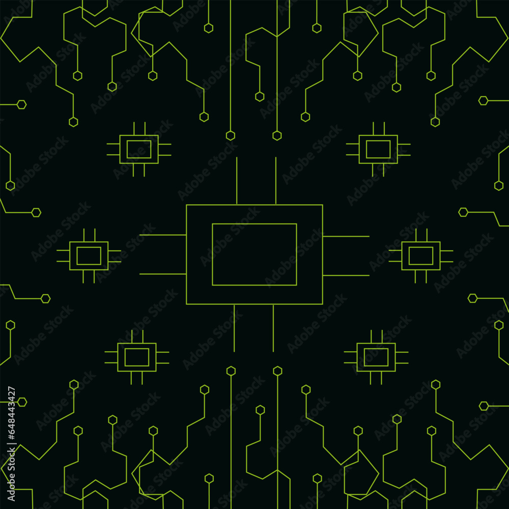 Motherboard microchip background. Futuristic backdrop with geometric shapes, lines and chip. Computer system. Vector illustration.