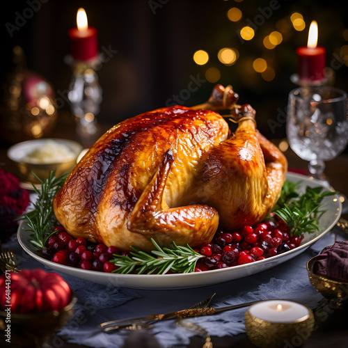 Roast turkey with rosemary and cranberries sauce.