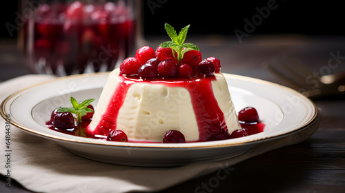 Vanilla panna cotta with a vibrant red berry sauce and fresh berries on top. photo
