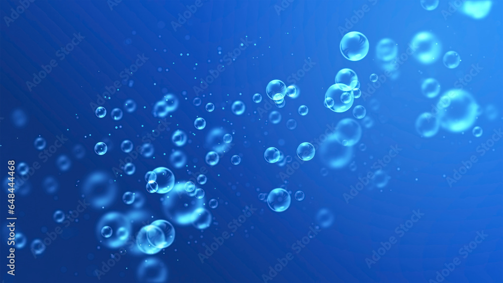 Blue background with soft floating clear bubbles.