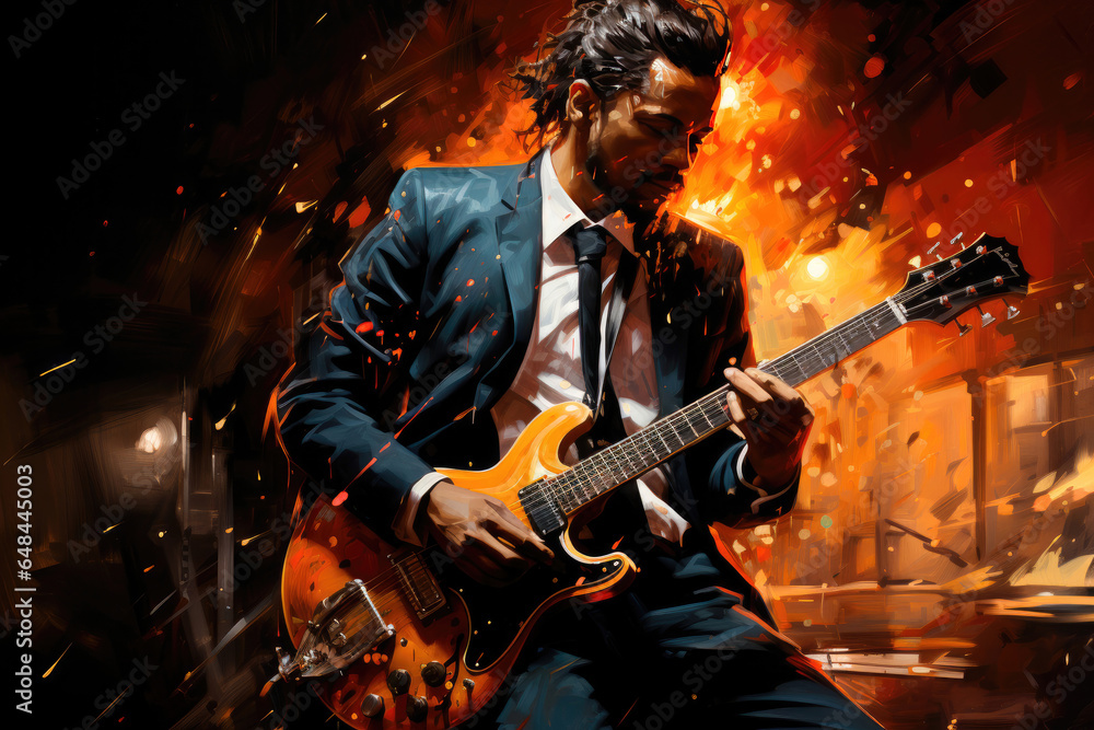 Obraz premium Man plays a guitar against a background of bright orange flashes