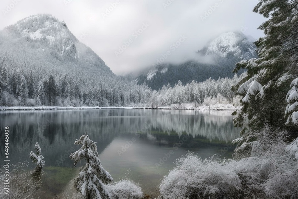 Scenic; snowy; evergreen; icy; lake; mountainous; pixelated; artwork. Generative AI