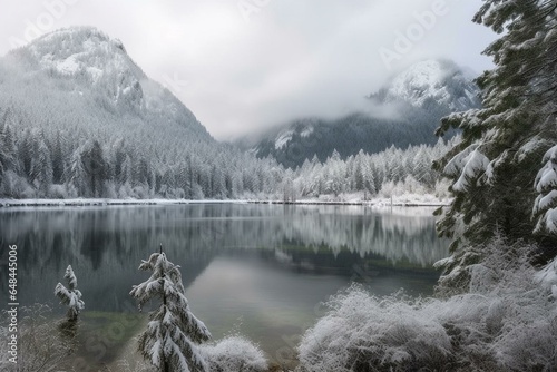 Scenic; snowy; evergreen; icy; lake; mountainous; pixelated; artwork. Generative AI