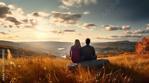 Couple admiring autumnal view from a mountain top, sunset view