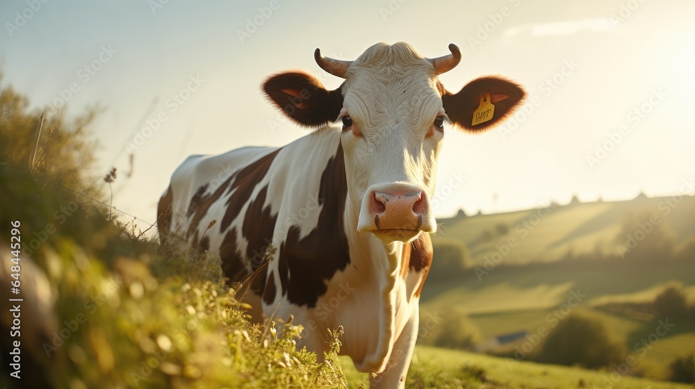 A cow is looking at the camera cow on the background of sky and green grass. A cow is looking at the camera cow on the background of sky and green grass.