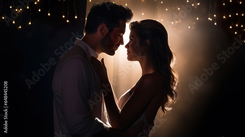 Couple kissing in night, Intimate moment between glowing lights