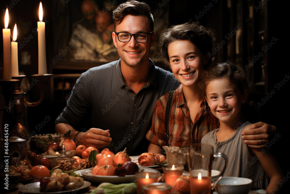 Portrait of a young family with a baby daughter at a table with candles on Thanksgiving day