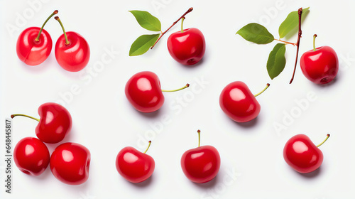 Acerolakirsche und einzelne Bl  tter und Bl  ten  isoliert auf wei  em Hintergrund  Cherry with generative KI